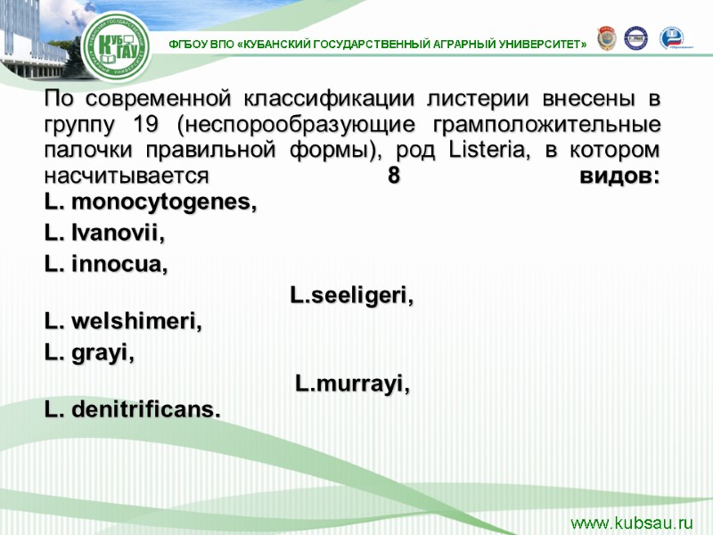По современной классификации листерии внесены в группу 19 (неспорообразующие грамположительные палочки правильной формы), род